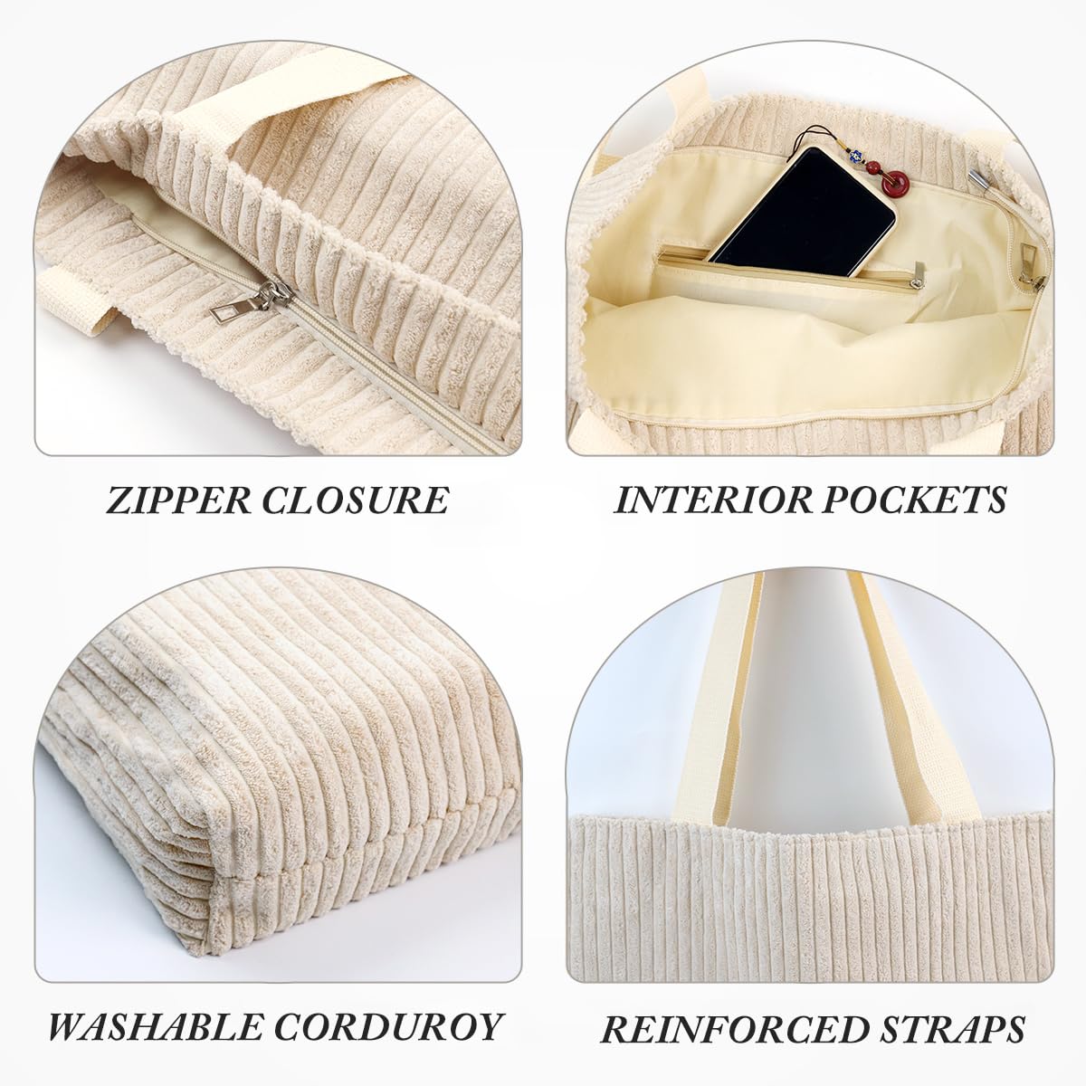 PALAY Corduroy Tote Bag for Everyday Use with Zipper and Nylon Straps 37x10x34cm Beige