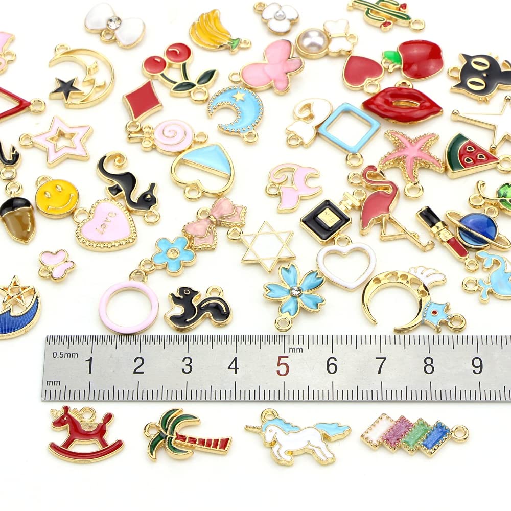 PALAY® Charms for Bracelet Making Gold Plated Enamel Animal Moon Star Fruit Assorted Charm Pendant DIY for Necklace Jewellery Bracelet Making Kit and Crafting (Multi) - 60 Pcs