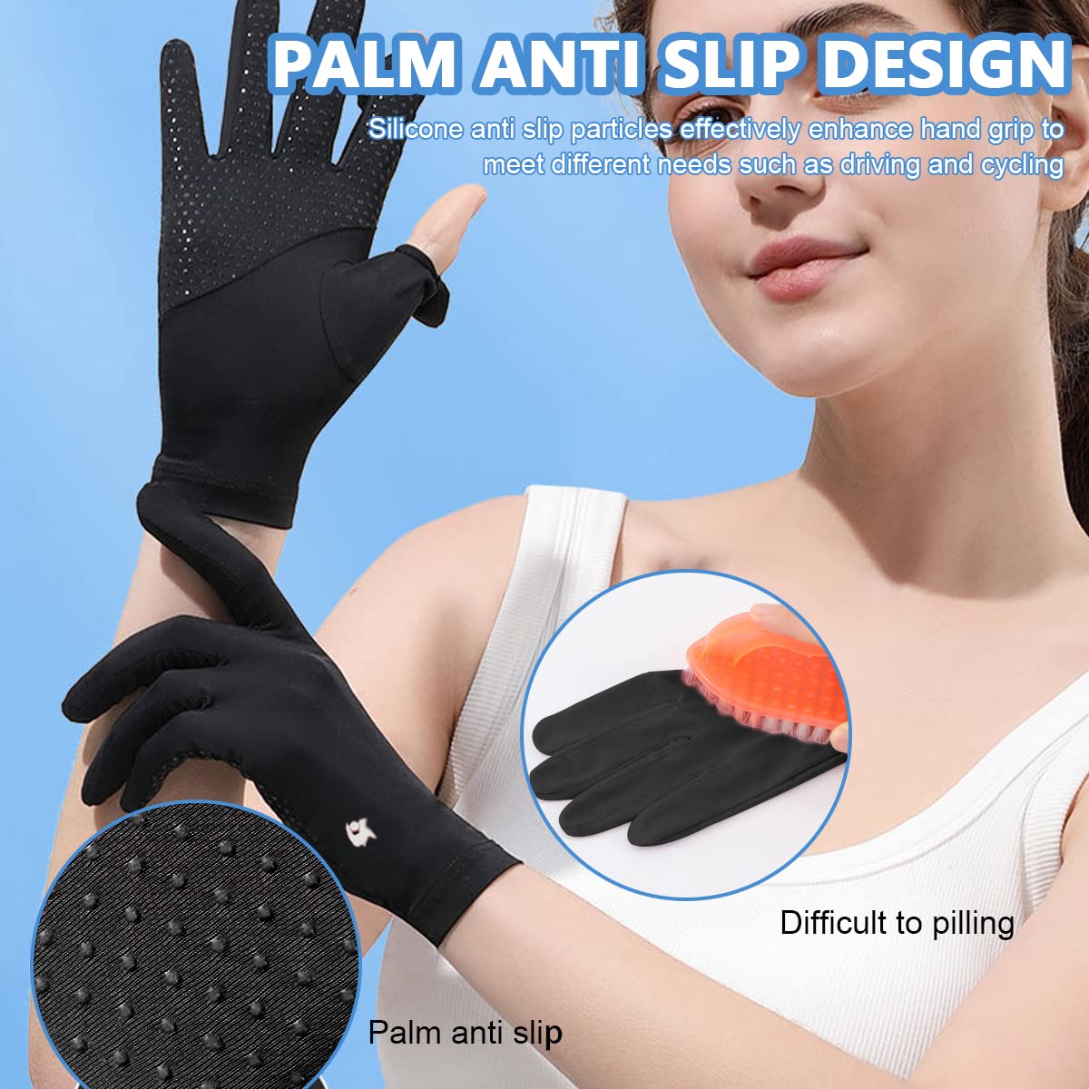 PALAY Sun Protection Gloves for Women with Cooling Ice Silk Fabric and Non Slip Grip | Black