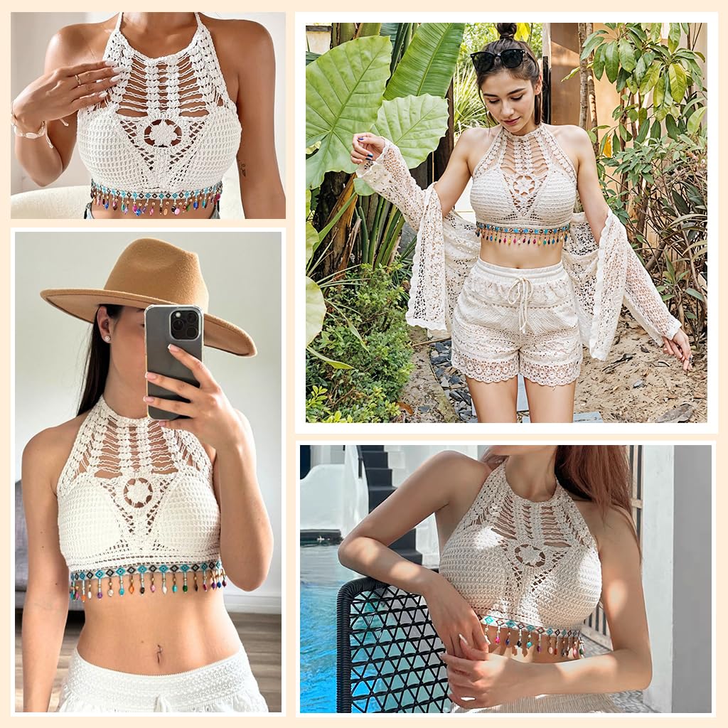 PALAY Women’s Crochet Halter Top for Summer Beachwear featuring Tie Back and Fixed Bra Pads