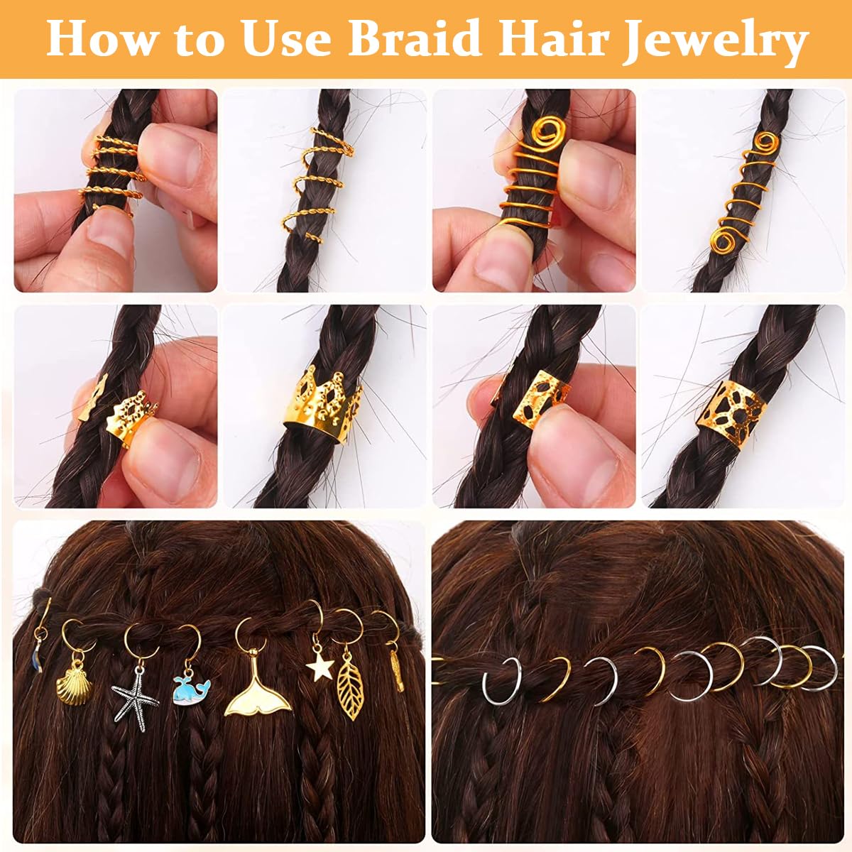 PALAY Hair Jewelry for Braids featuring 292pcs Metal Rings and Charms in Gold and Silver Styles
