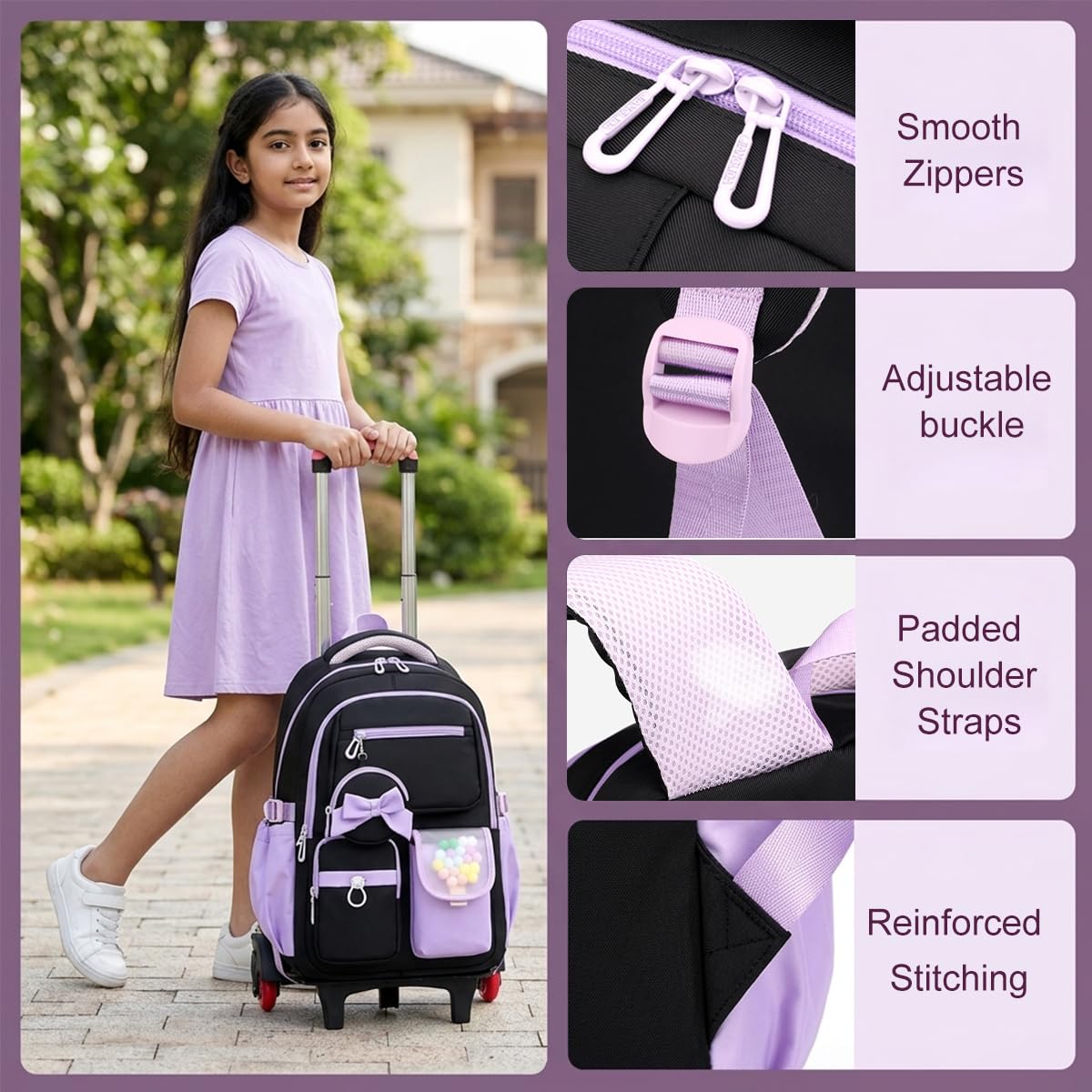 PALAY Purple School Trolley Backpack for Girls with Wheels