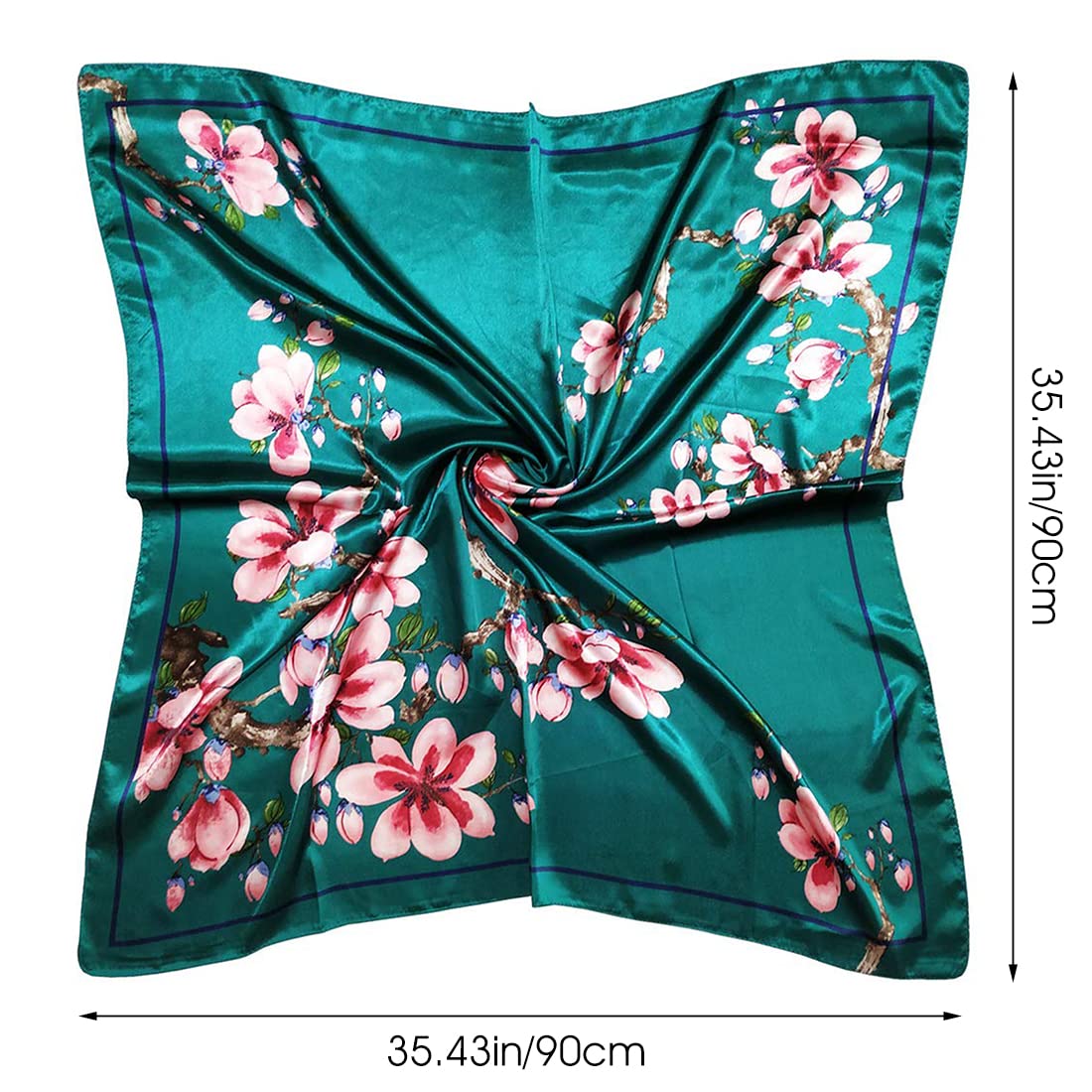 PALAY® Head Scarf for Women Stylish Satin Scarf Silk-feel Scarf Comfy Green Print Hair Wrapping 35in Square Scarf Pillow Cover