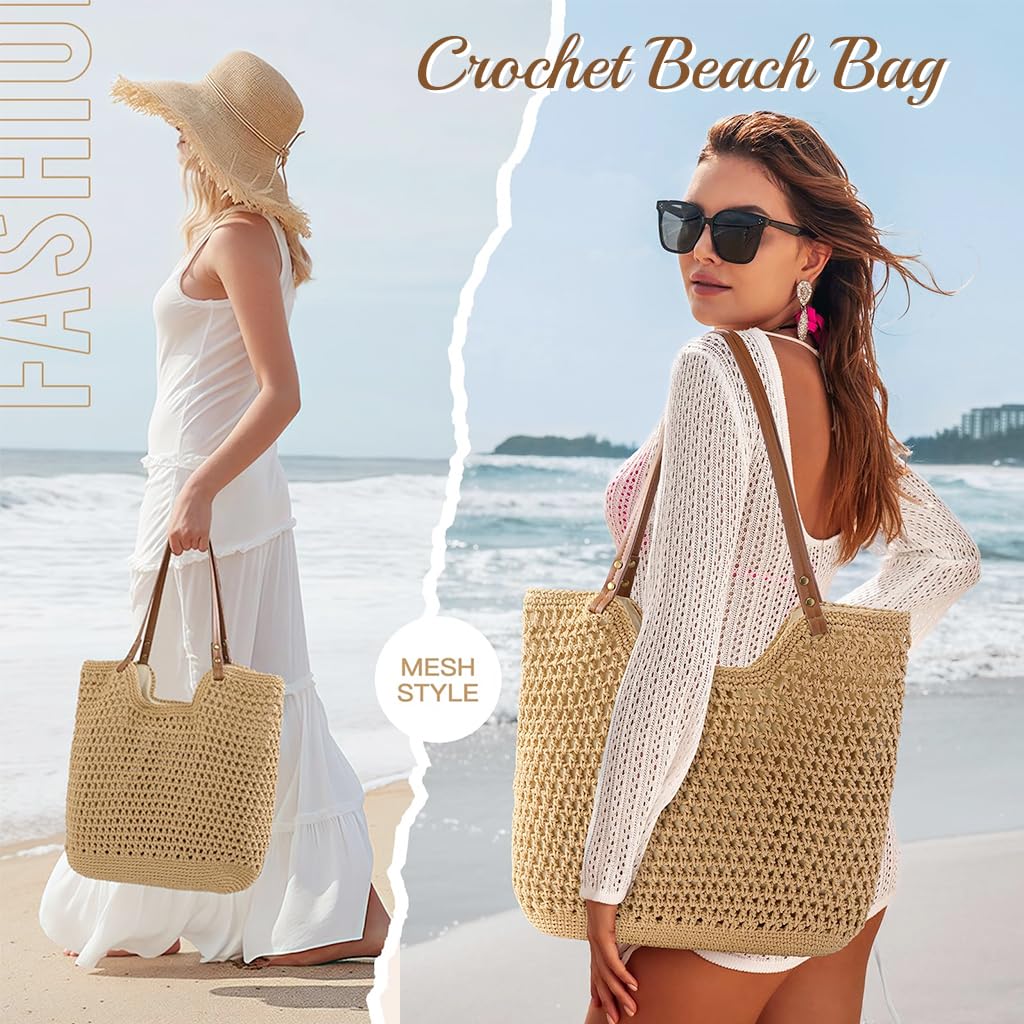 PALAY Crochet Beach Bag for Women featuring Leather Straps and Zipper Closure | Handmade Cotton Rope Tote