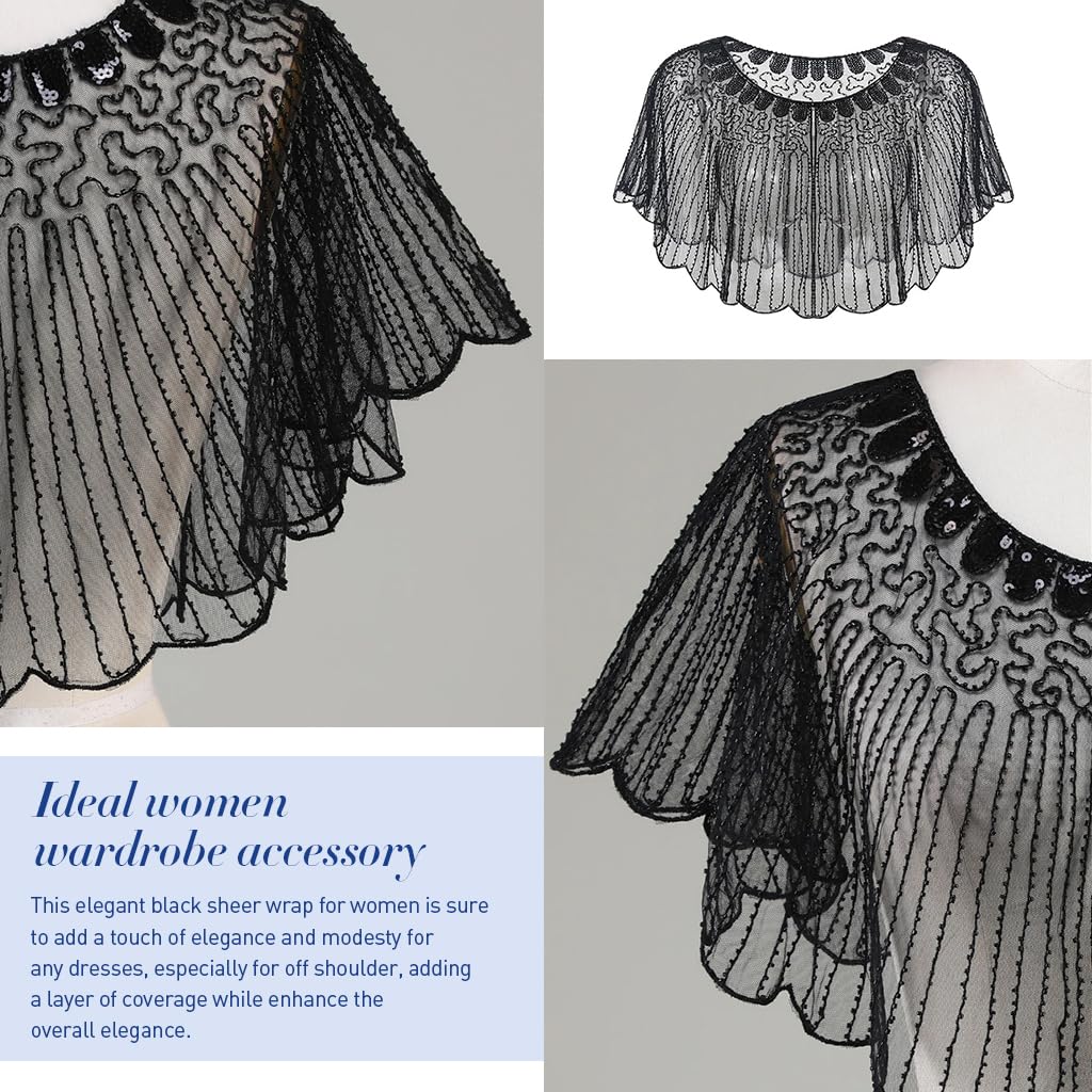 PALAY Lace Shawl for Wedding Dress featuring Sequin Beaded Mesh Fabric | Elegant Black Wrap