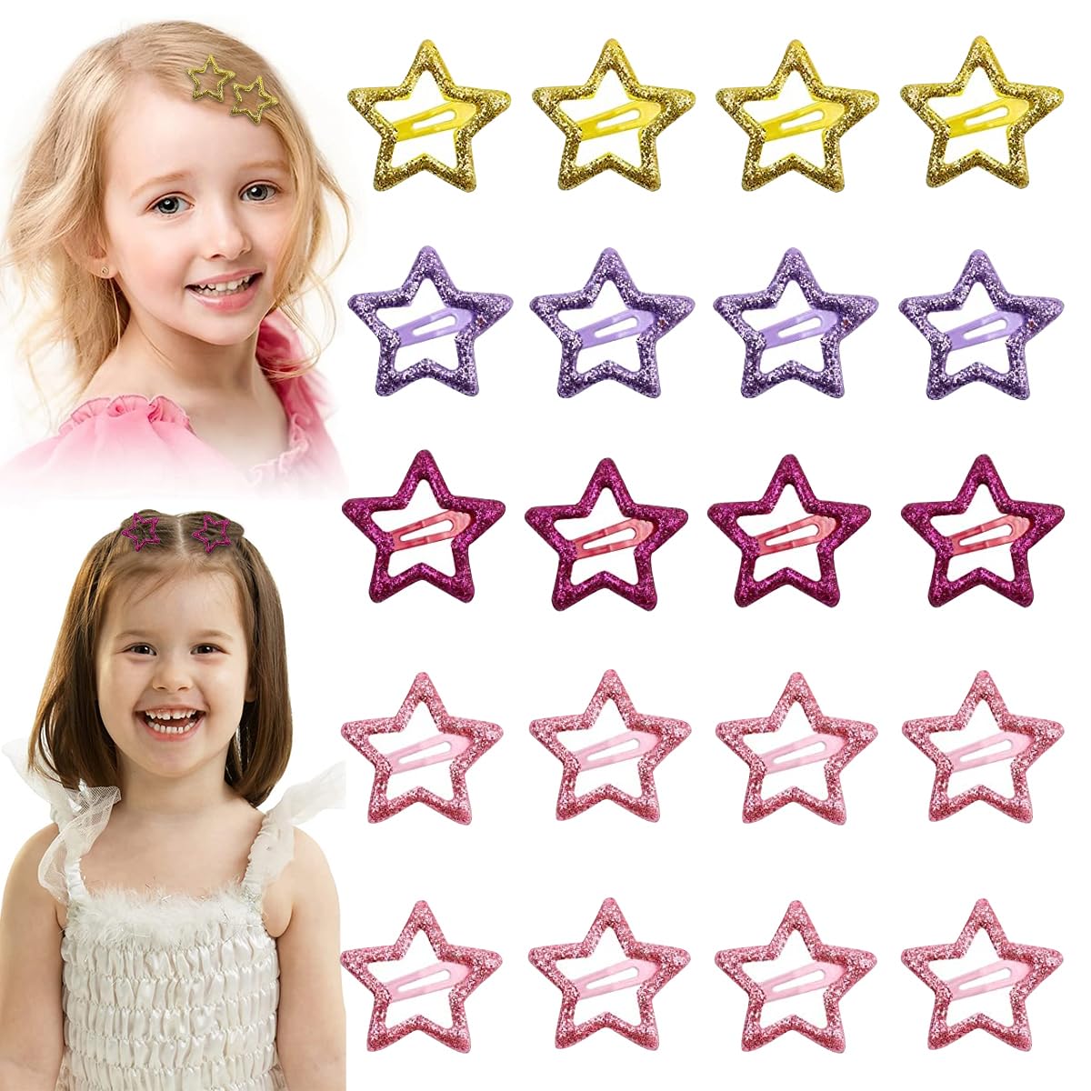 PALAY Hair Clips for Girls with Non Slip Metal Design and Glitter Star Shape | 20 Pcs 3.2 cm Set
