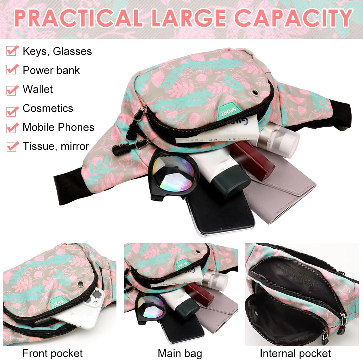 PALAY Waist Bag for Women featuring Double Layer Zipper Pockets and Waterproof Nylon | Pink Floral Lightweight Travel Fanny Pack