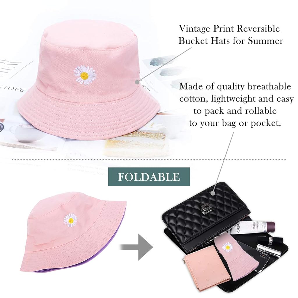 PALAY® Bucket Hat for Girls Foldable Cotton Little Daisy Print Sun Beach Cap Fisherman Hat Casual Outdoor Cap Lovely Bomber Hats for Women Men Boy Girl