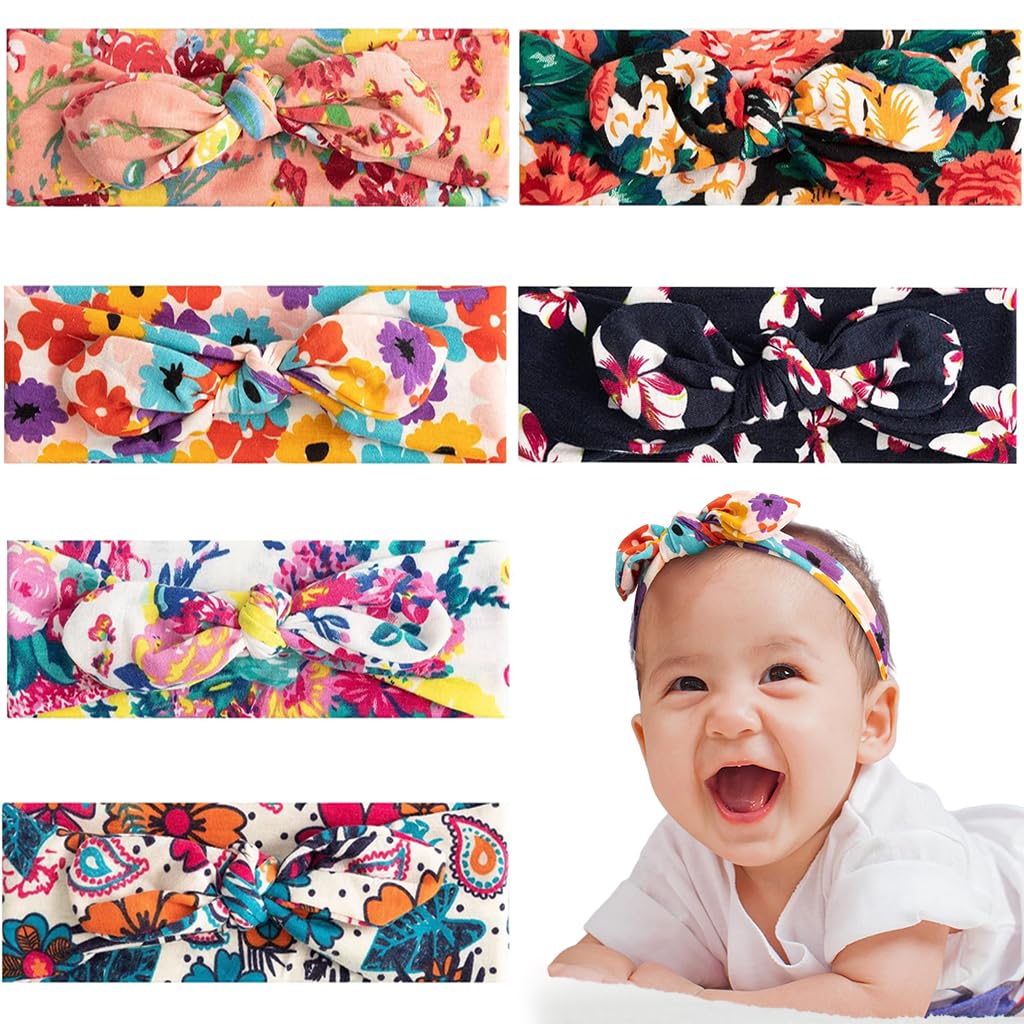PALAY Girl Headband Set for Daily Wear with Stretchy Knotted Turban | 6pcs Floral Bows
