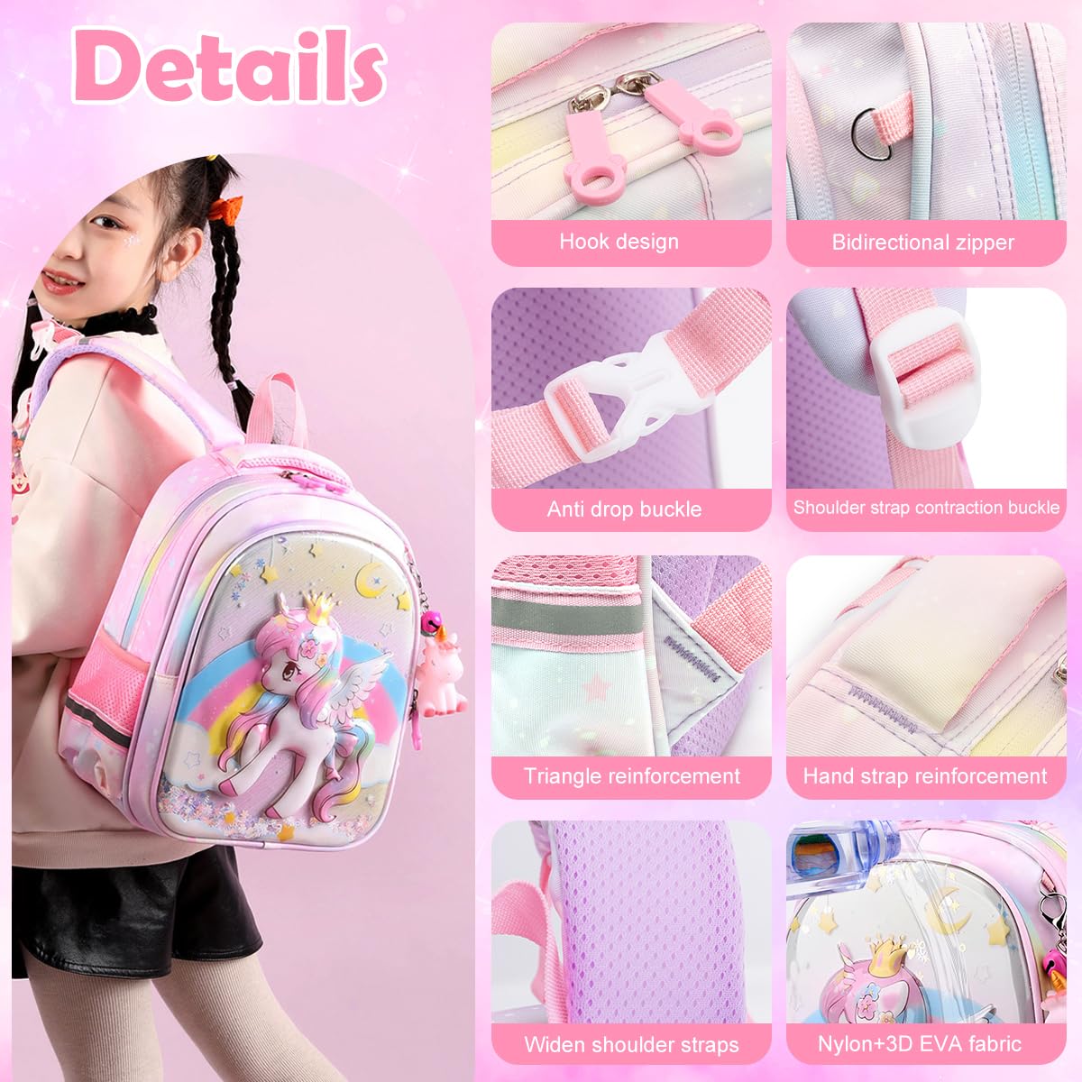 PALAY Unicorn Backpack for Schoolgirls featuring Double Layer Design and Waterproof Nylon | Ideal Gift for Girls Aged 4–6