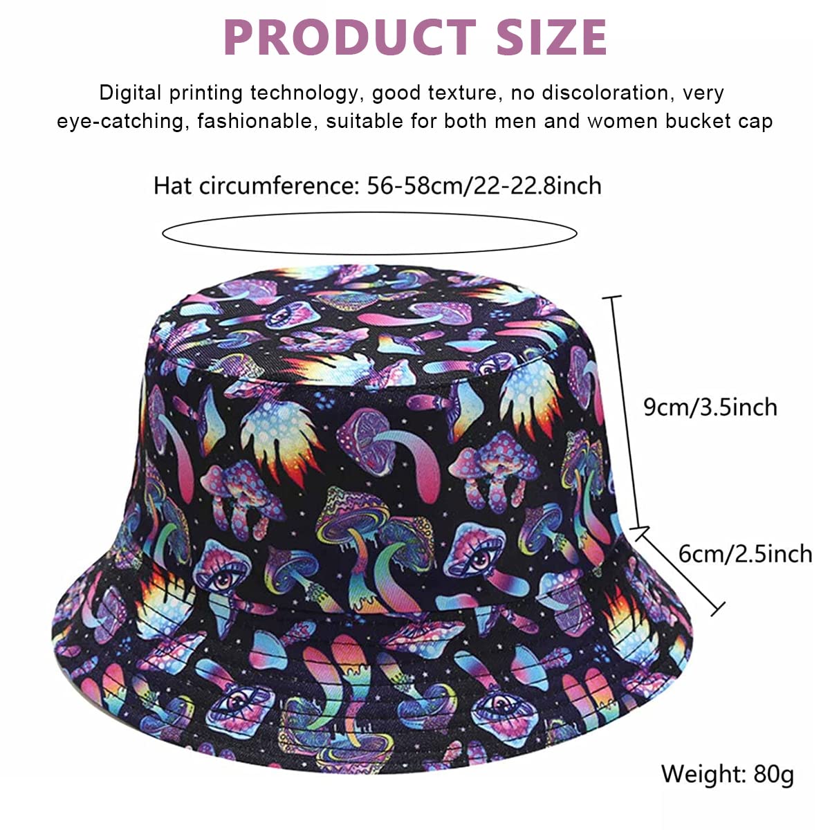 PALAY Bucket Hat for Outdoor Travel with 7cm Brim and Reversible Mushroom Print | Cotton Polyester Sun Hat