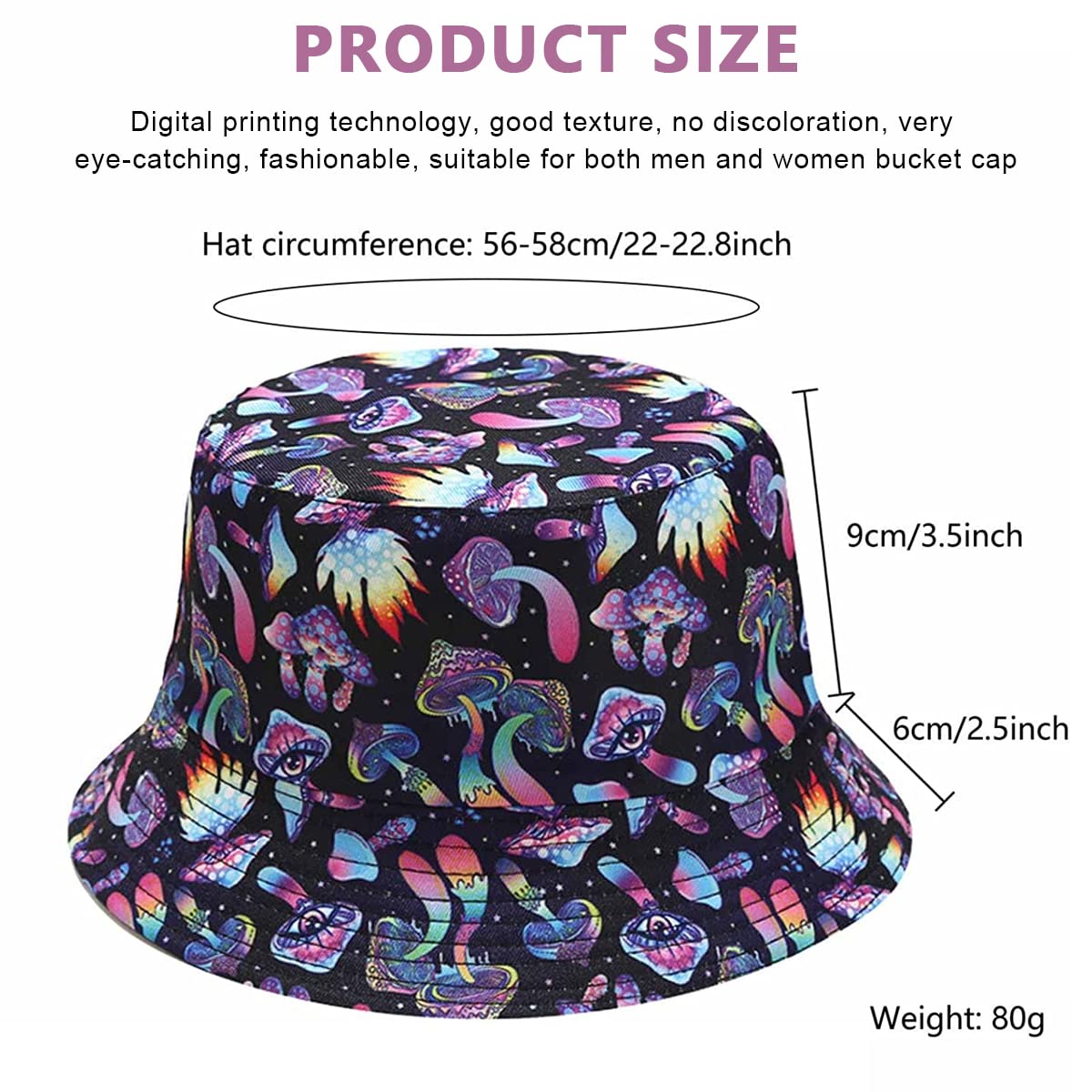 PALAY® Bucket Hat for Women Men, Reversible Fashion Bucket Hat Color Mushroom Print Beach Bucket Hat Women Cap for Outdoor Travel Hiking Fishing Black