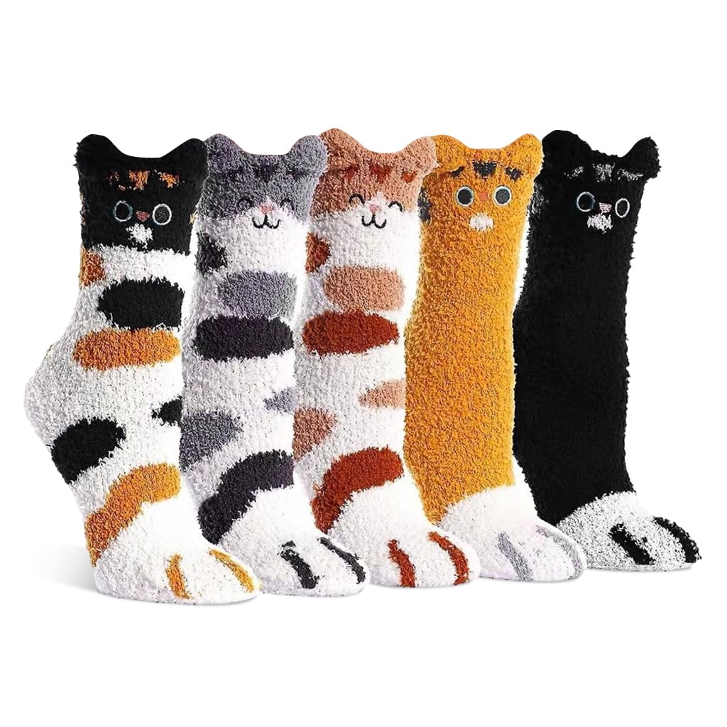 PALAY Woolen Socks for Women with Cute Cat Design and Cozy Coral Fleece | 5 Pairs