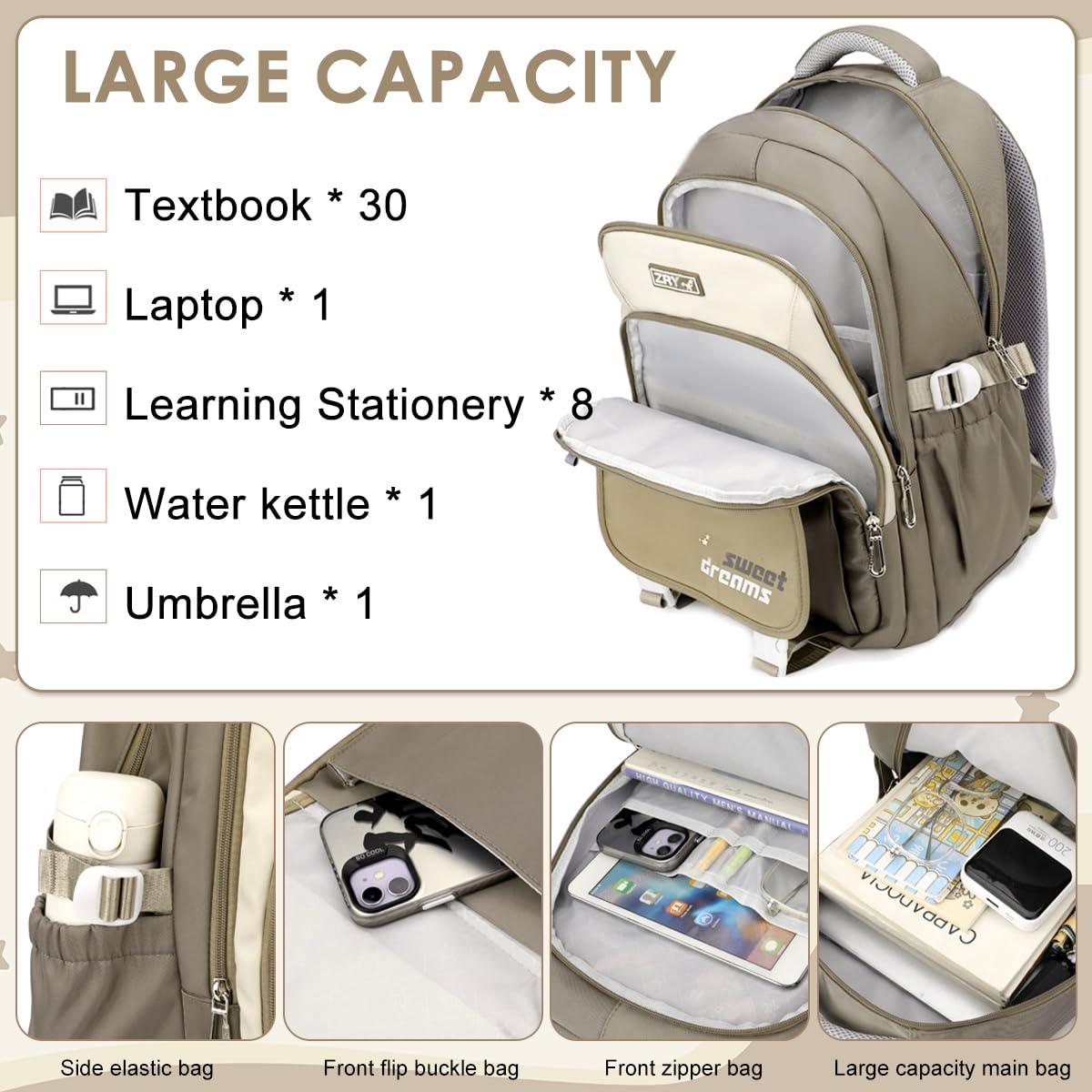 PALAY School Backpack for Girls with 3 Zip Compartments and Padded Straps | Khaki Nylon