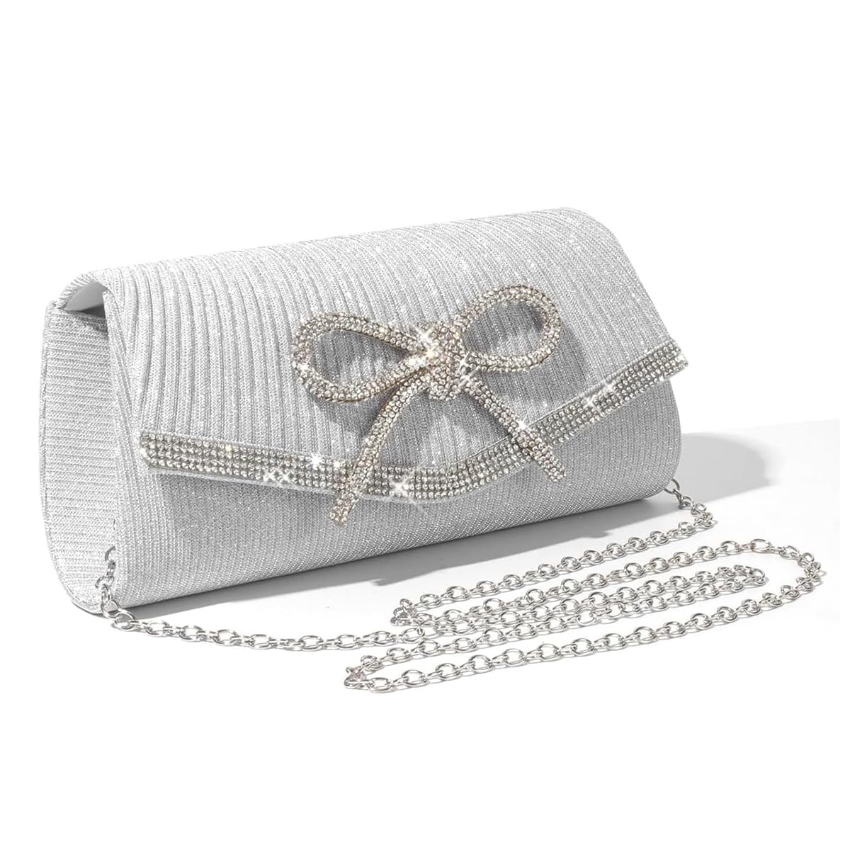 PALAY Bow Evening Bag for Parties with Rhinestone Charm and Snap Closure 8.8x2x3.9 in | Silver Clutch for Women