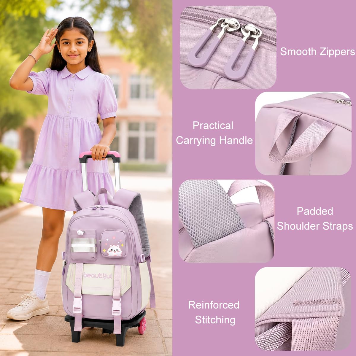 PALAY Pink Cat Trolley School Backpack with Wheels 2-in-1 Rolling School Bag