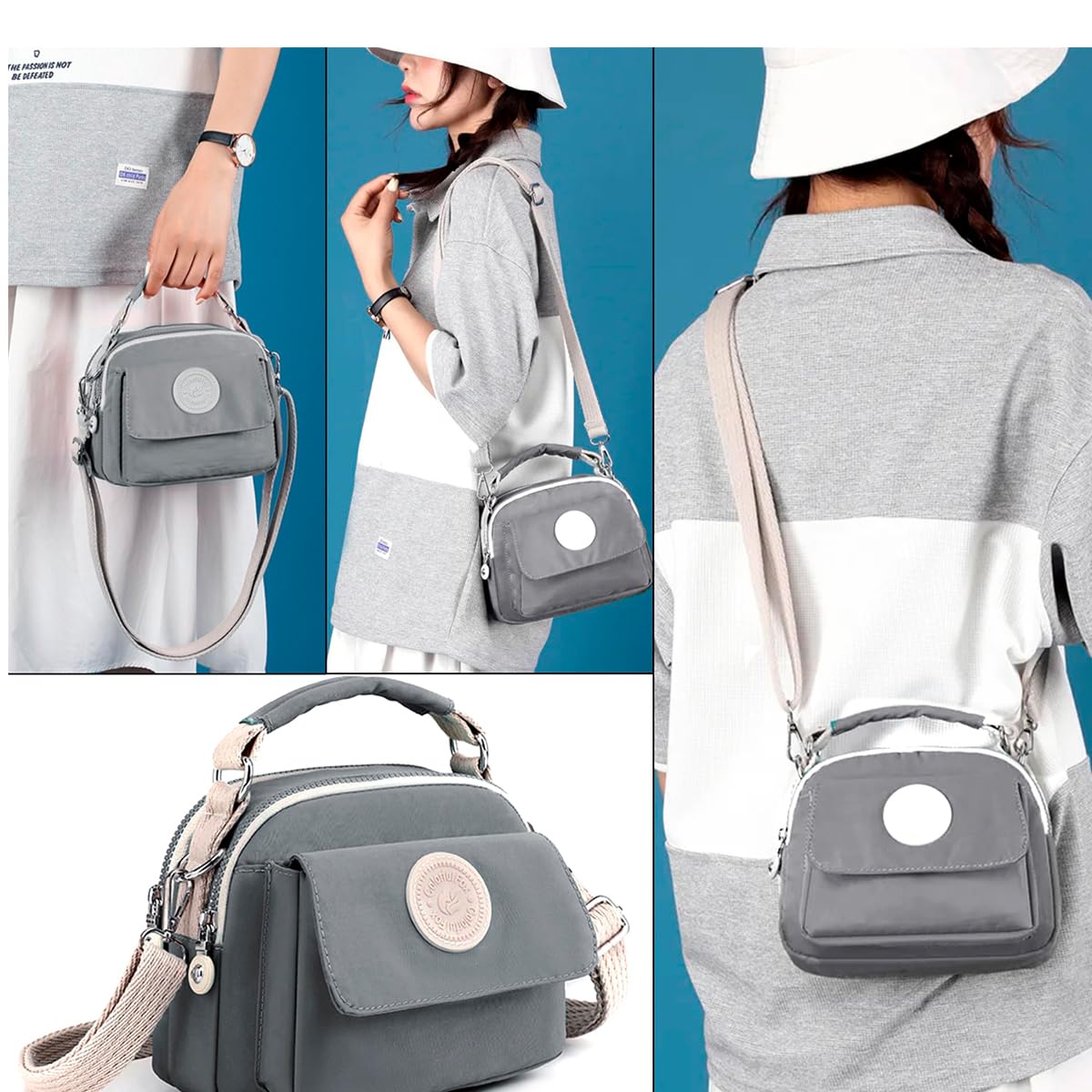 PALAY Hand Bag for Women with 21x10x18cm Size and Three Zippered Compartments | Grey Nylon Shoulder and Sling Style