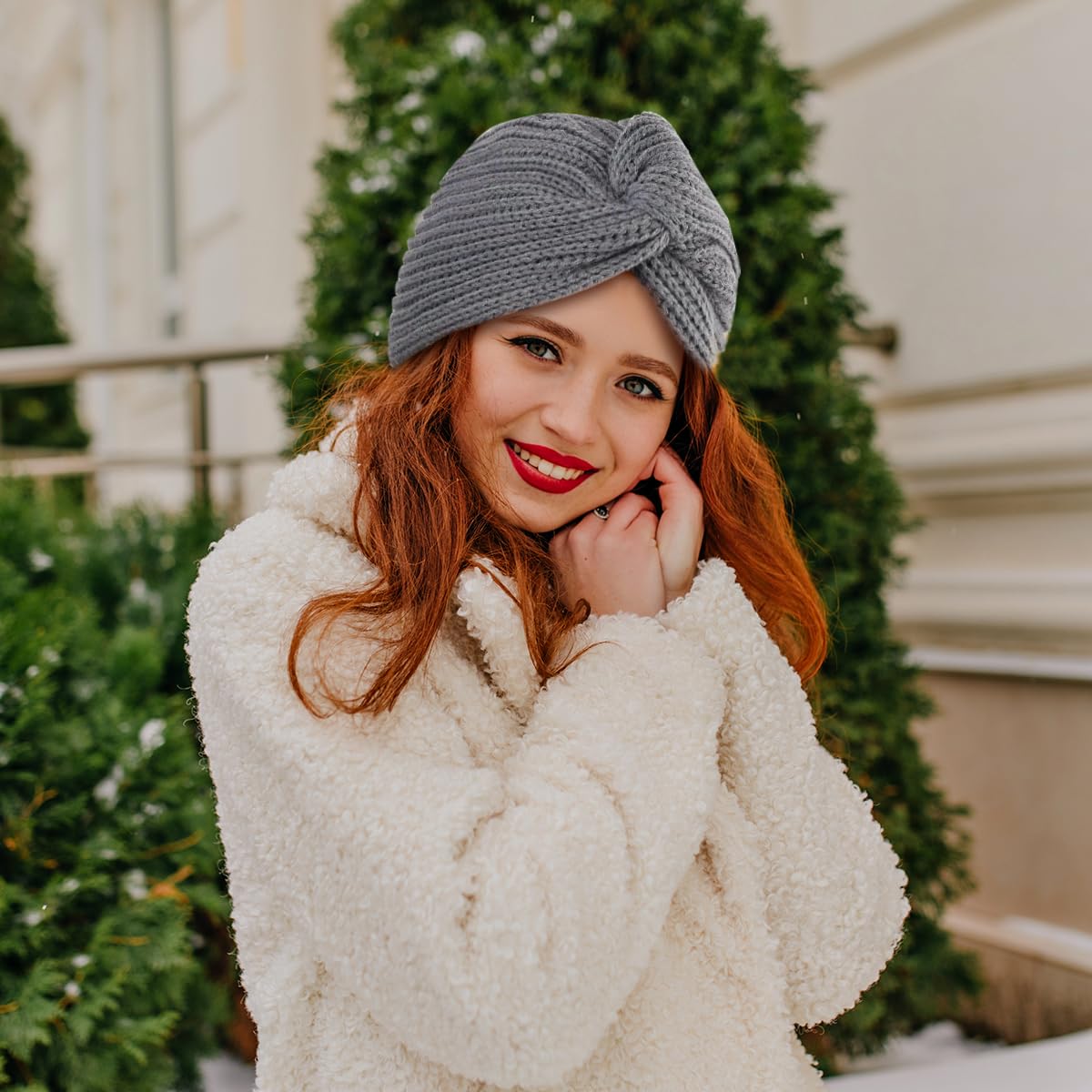 PALAY Womens Winter Turban Beanie Cap for Cold Weather with Crochet Design and Soft Acrylic Knit | Elegant Grey Hat Gift