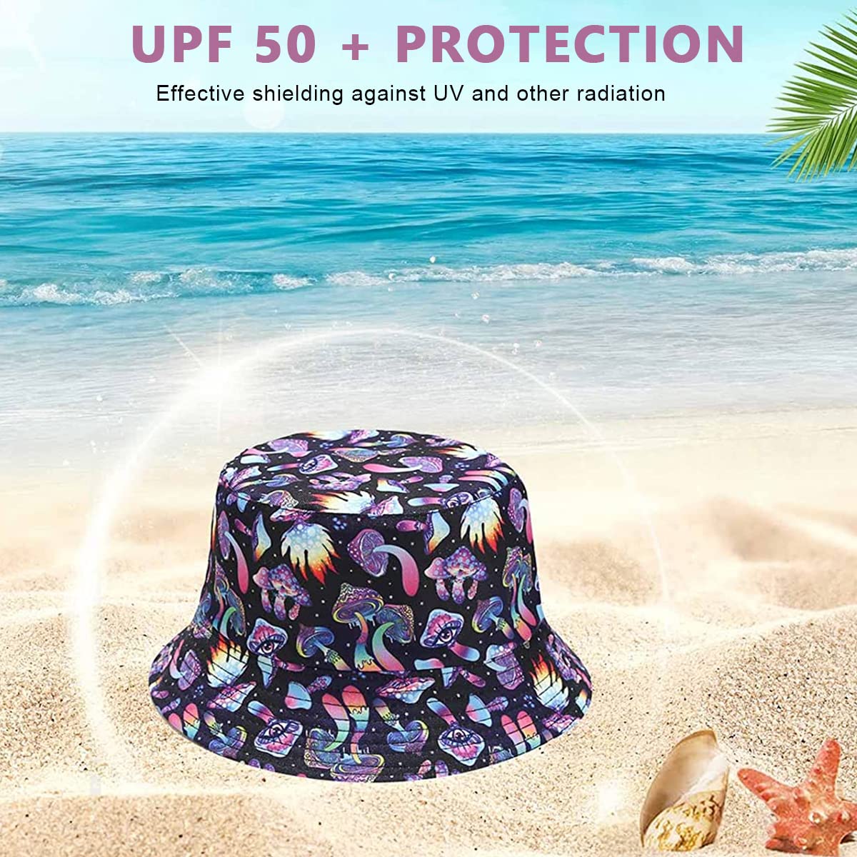 PALAY® Bucket Hat for Women Men, Reversible Fashion Bucket Hat Color Mushroom Print Beach Bucket Hat Women Cap for Outdoor Travel Hiking Fishing Black