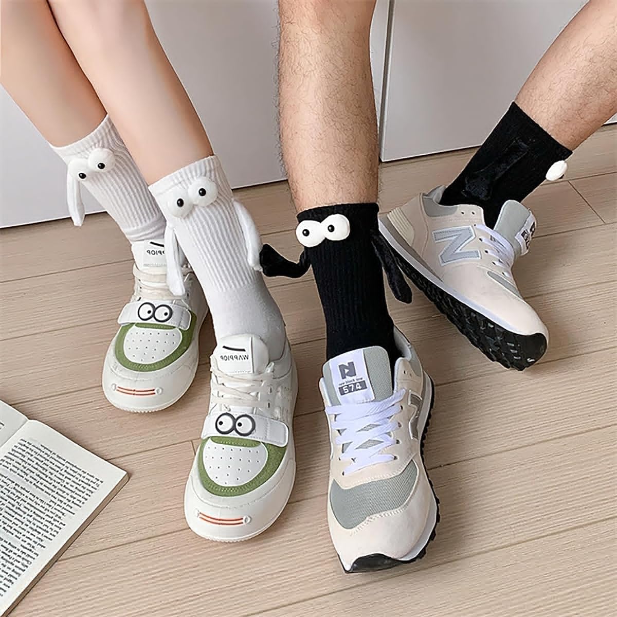 PALAY® 2 pair Cotton Socks Unisex Socks Funny Couple Socks Ankle Socks for Men Women Home Socks Floor Socks Friendship Gift Christmas Gift (Black & White)