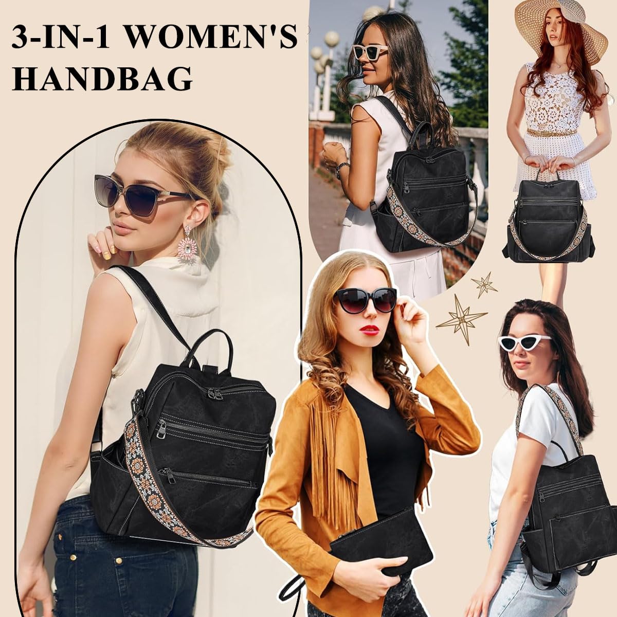 PALAY Backpack for Women with 3 in 1 Convertible Tote Design and Woven Shoulder Strap