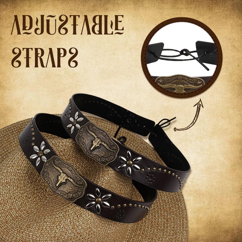 PALAY® 2Pcs Cowboy Hat Bands Vintage Brown Leather Wrap with Rivet Charms Tie Back PU Leather Wrap with Charms Hat Band for Men Women