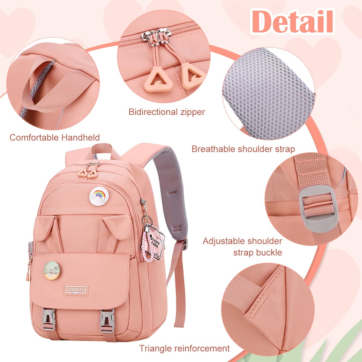 PALAY School Backpack for Girls featuring Bunny Ears and 32x20x43cm Multi Compartment Design | Pink Nylon Laptop Bag for Travel