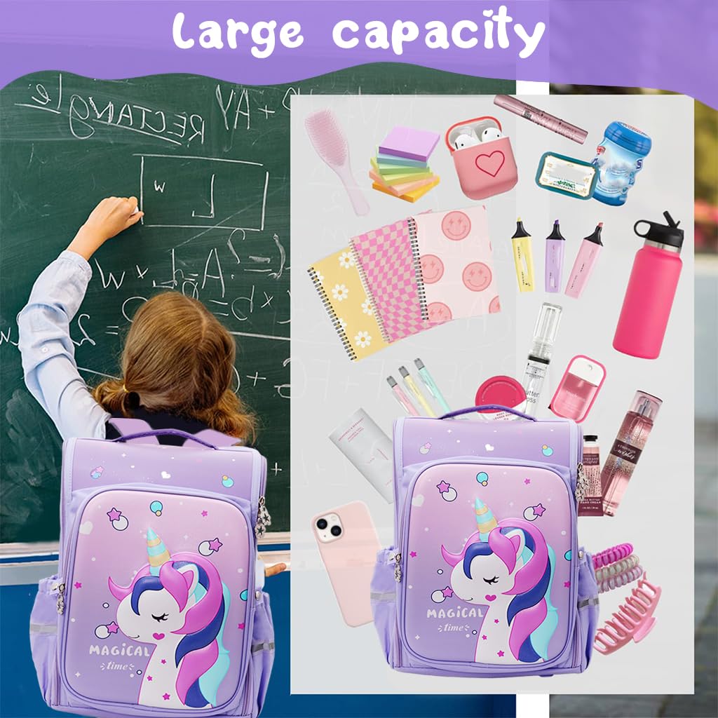 PALAY Unicorn Backpack for Girls with 31×21×41 cm Large Capacity | Cute Purple School Bag