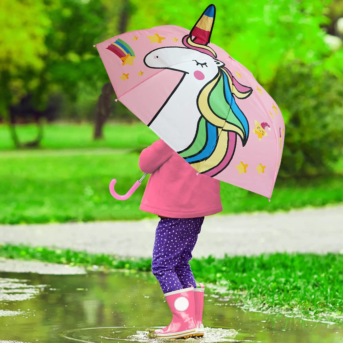 PALAY Unicorn Umbrella for Kids with 29 inch Canopy and 8 Fiber Ribs | 3D Ears Design