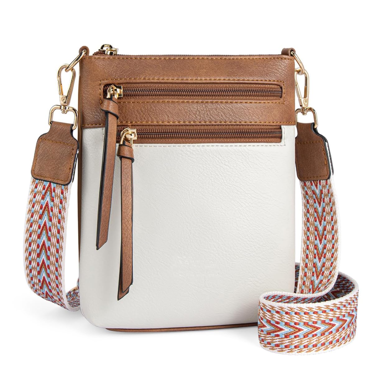 PALAY Crossbody Bags for Women with Triple Layer Design and Jacquard Strap | White PU Leather