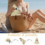 PALAY Womens Straw Hat for Summer with Wide Brim and Floral Print Bow Ribbon | Beige UV Protection 2 PCS Set