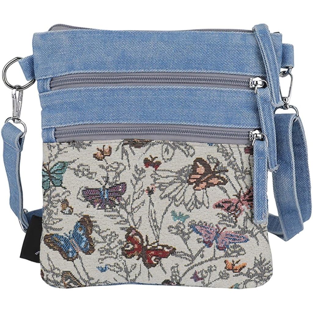PALAY® Denim Crossbody Shoulder Bag with Multi Pocket Butterfly Print for Travel School and Daily Use