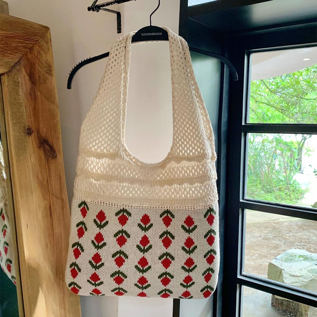 PALAY Knitting Tote Bag for Everyday Use with Patchwork Handle and Fringe | Beige 27.9 x 37.8 x 2 cm