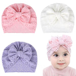 PALAY® 3 Pack Turban Cap for Baby Girl, Soft Stretchy Newborns Hat, Knotted Big Bow Headband for Baby 3-18 Months, Cute Breathable Infant Headwrap Shower Gift