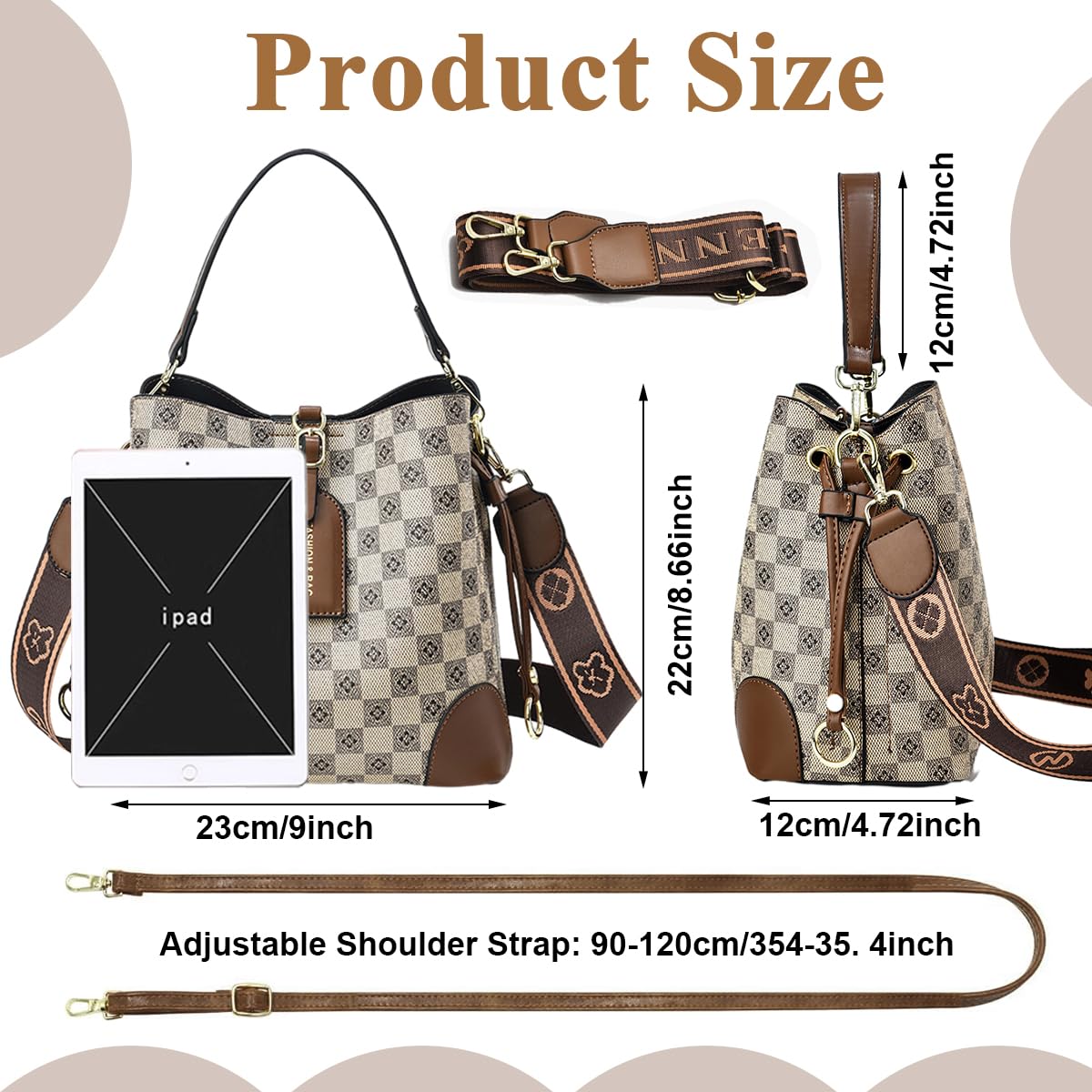 PALAY Bucket Bag for Women with Detachable Shoulder Strap and Belt Closure | 23x12x22 cm PU Fashion Check Pattern