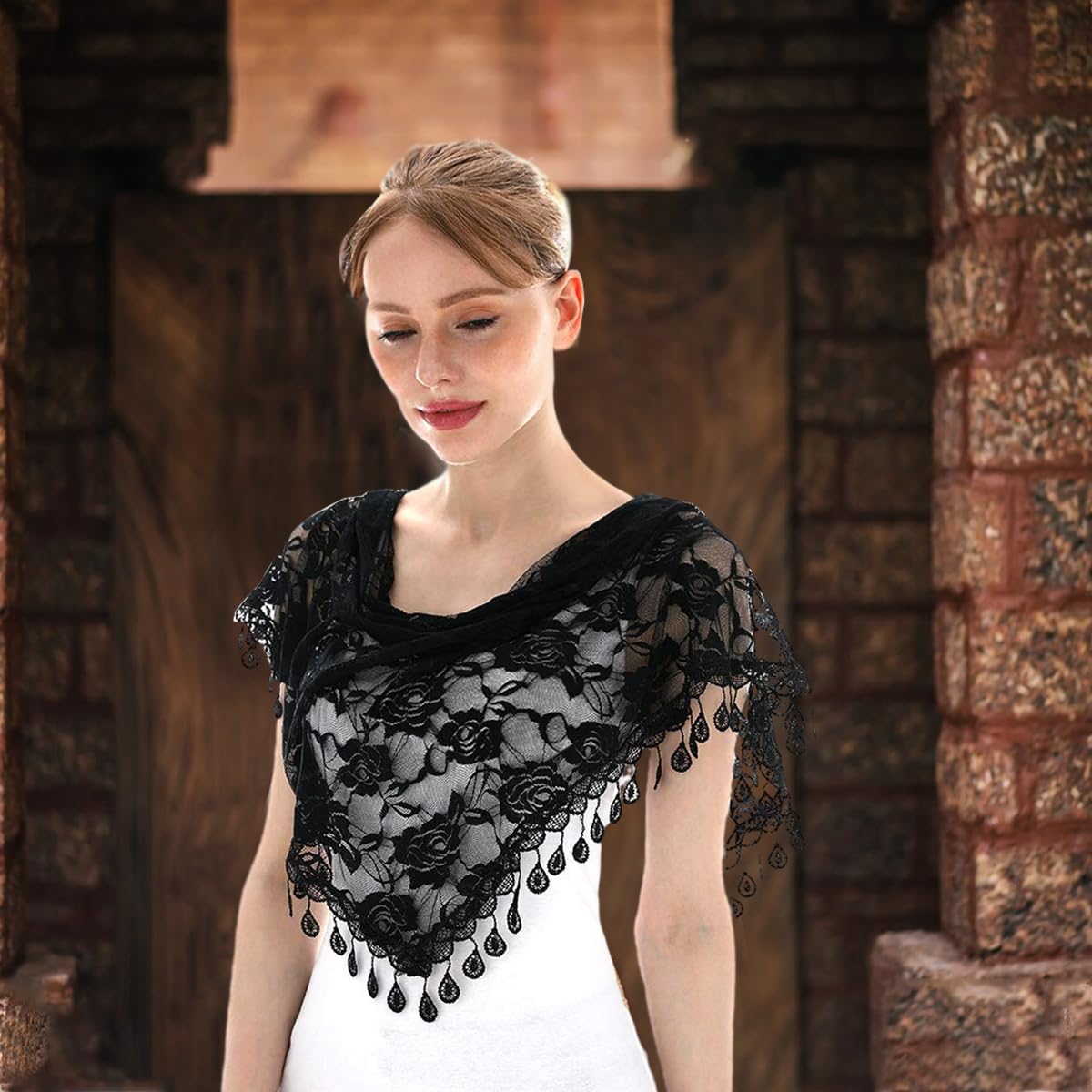 PALAY Triangle Lace Mantilla Veil for Church and Wedding featuring Rose Embroidery | Black