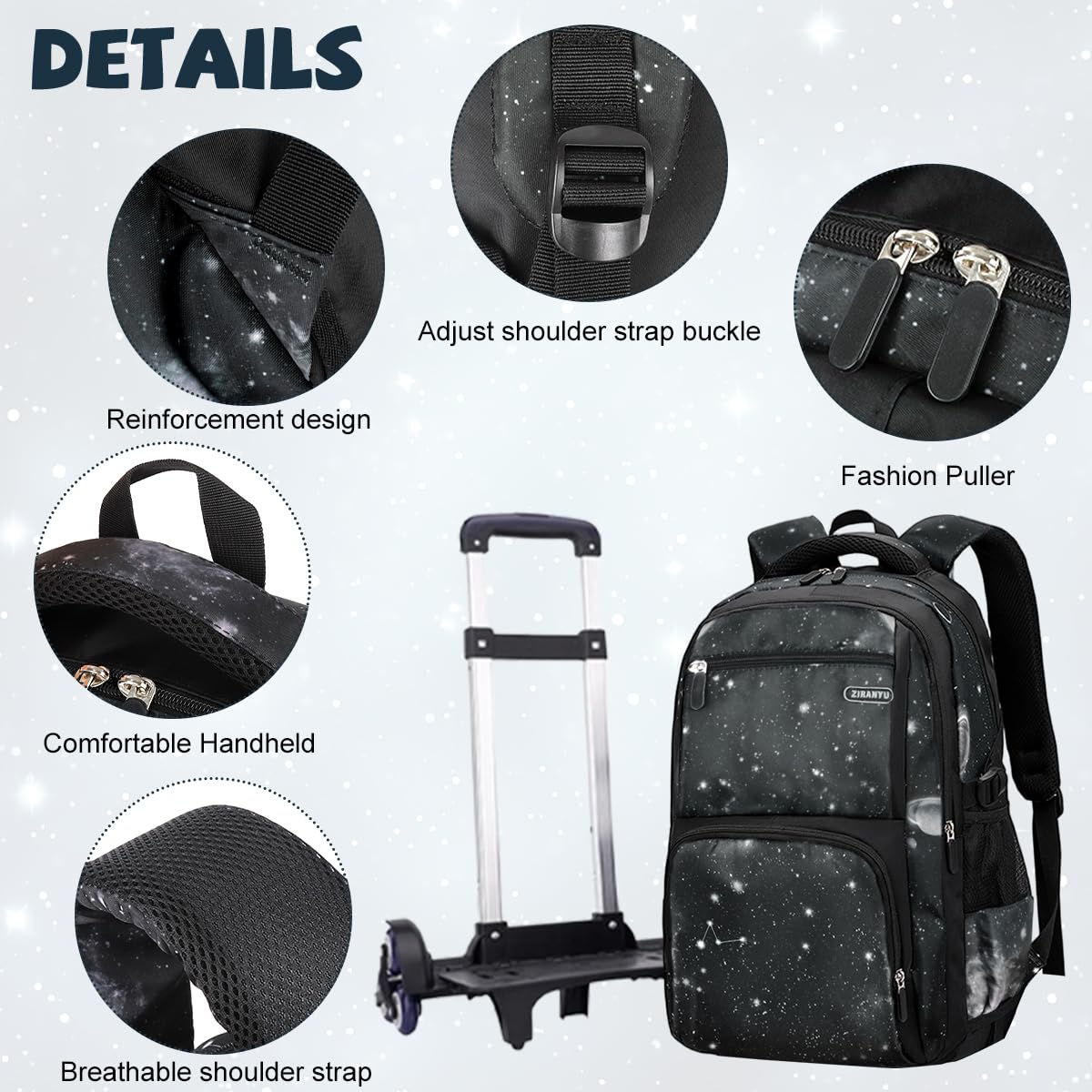 PALAY Starry Sky 6-Wheel Trolley School Backpack with Detachable Trolley