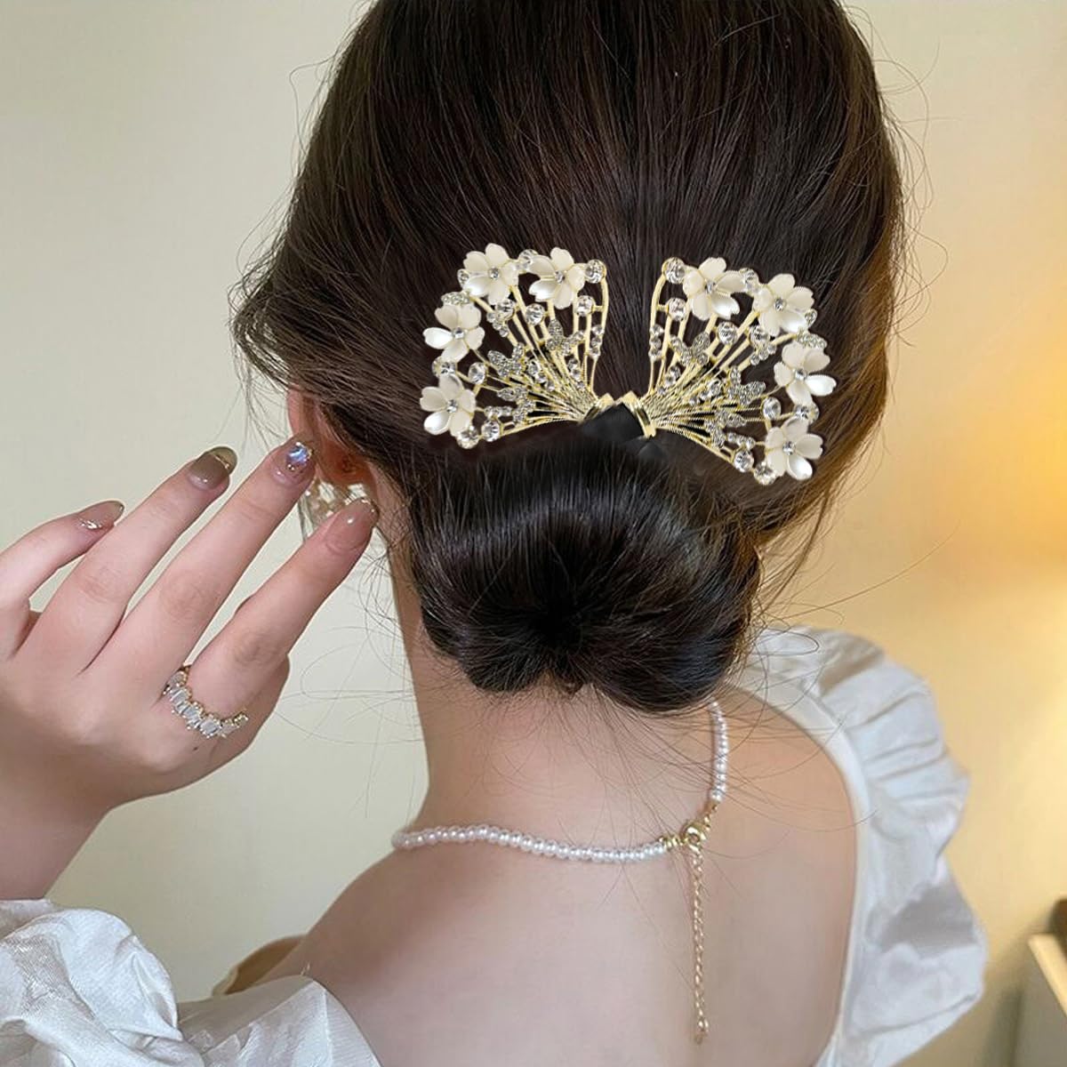 PALAY Juda Hair Bun Accessories for Women with Hidden Wire & White Floral Rhinestones | Quick Bun Maker for Daily and Party Hairstyles
