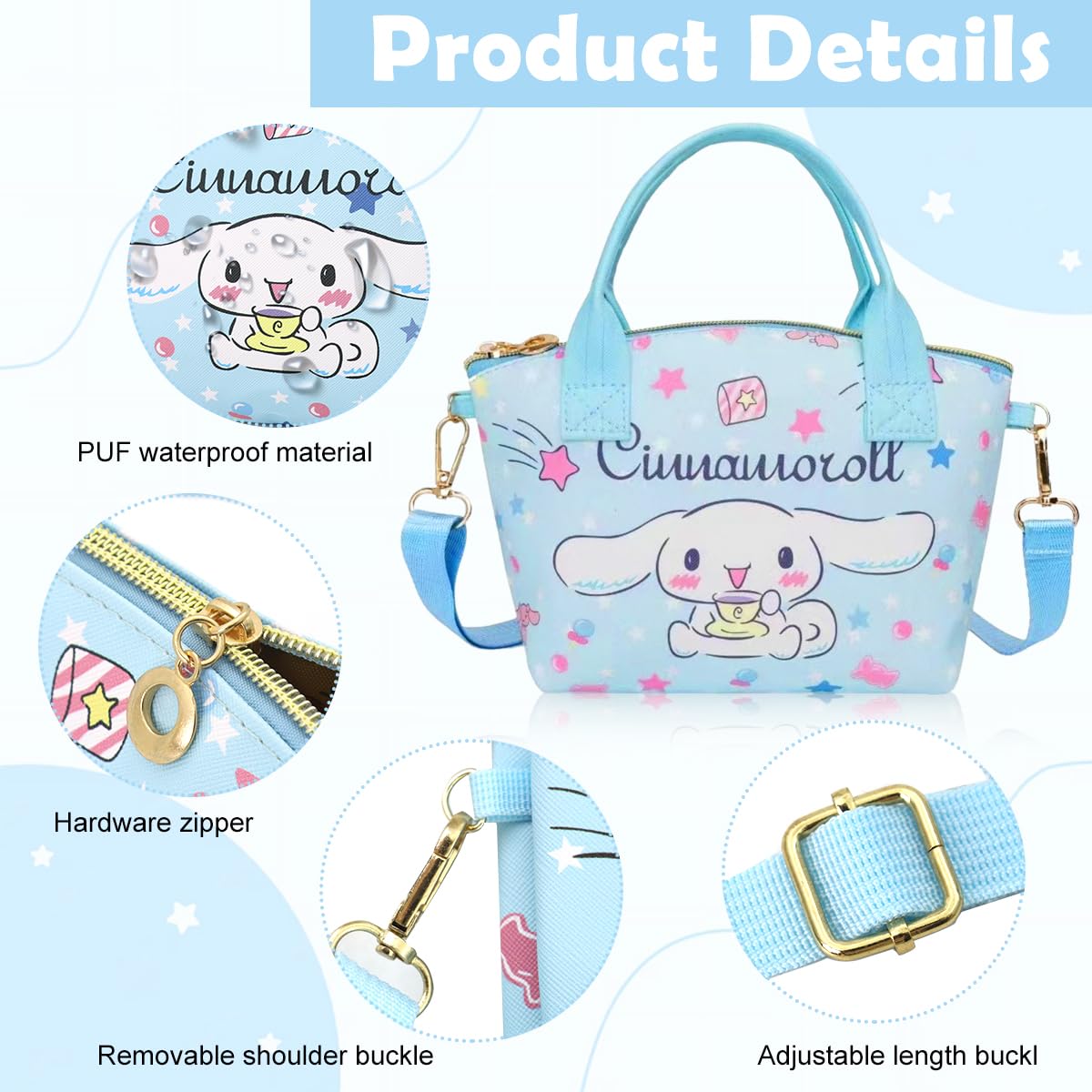 PALAY® Cinnamoroll Hand Bag for Girls Kawaii Cinnamoroll Shoulder Bag Mini PU Tote Bag with Removable Shoulder Strap Crossbody Bag Christmas Gift for Girls Birdthday Gift