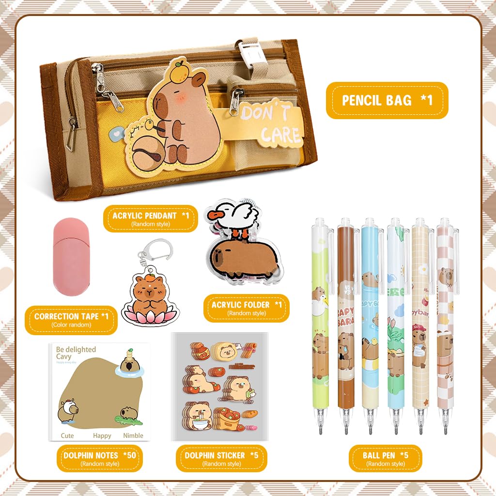 PALAY® Capybara Stationery Set for Students & School Gift, 64 Pcs Adorable Cartoon Supplies with Pens, Pencil Bag, Stickers, Correction Tape, Sticky Notes & Capybara Backpack Charm
