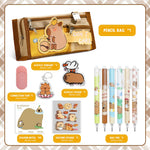 PALAY® Capybara Stationery Set for Students & School Gift, 64 Pcs Adorable Cartoon Supplies with Pens, Pencil Bag, Stickers, Correction Tape, Sticky Notes & Capybara Backpack Charm