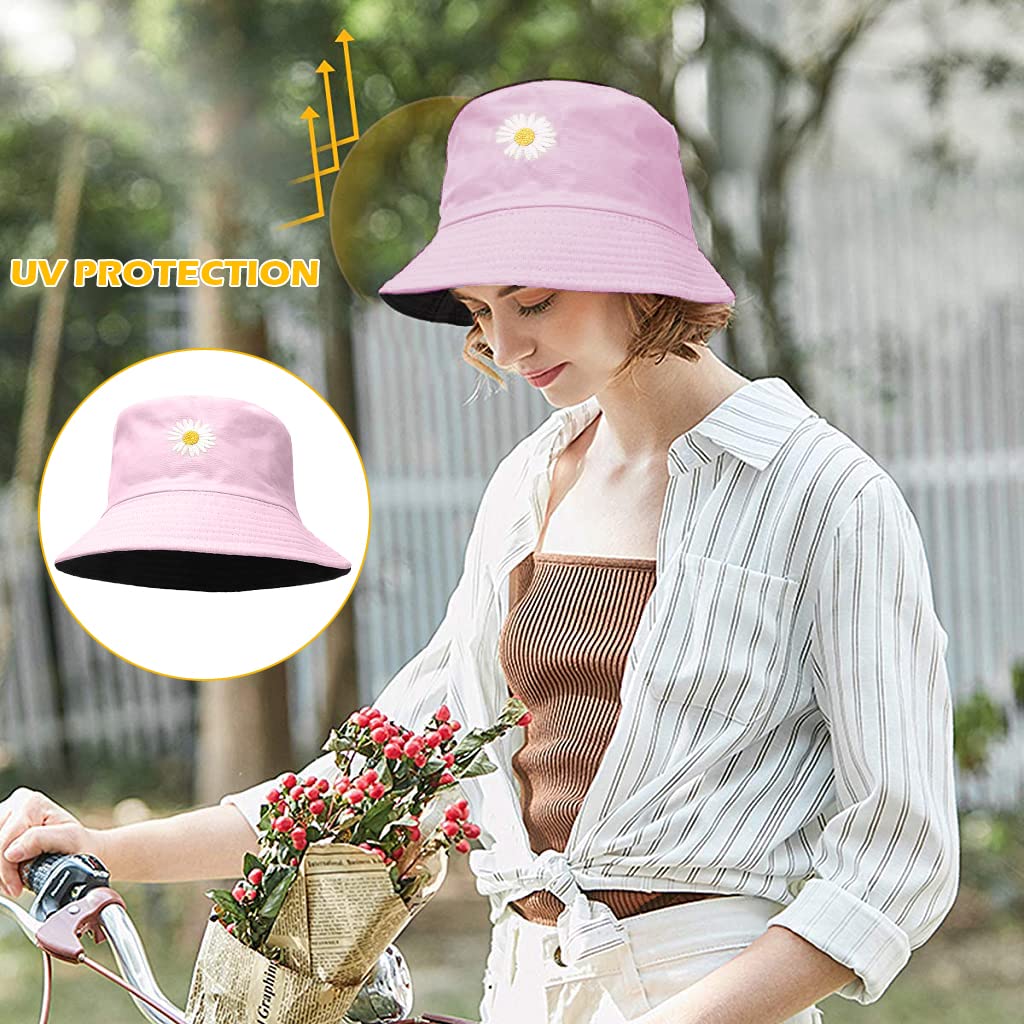 PALAY® Bucket Hat for Girls Foldable Cotton Little Daisy Print Sun Beach Cap Fisherman Hat Casual Outdoor Cap Lovely Bomber Hats for Women Men Boy Girl