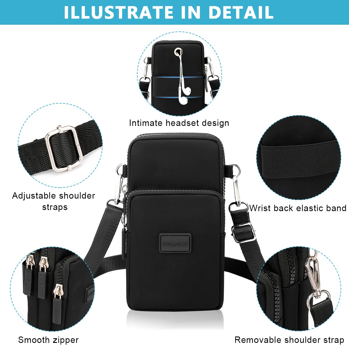 PALAY Small Crossbody Phone Bag for Women with 3 Zipper Layers 19×10×6 cm Oxford Cloth Black