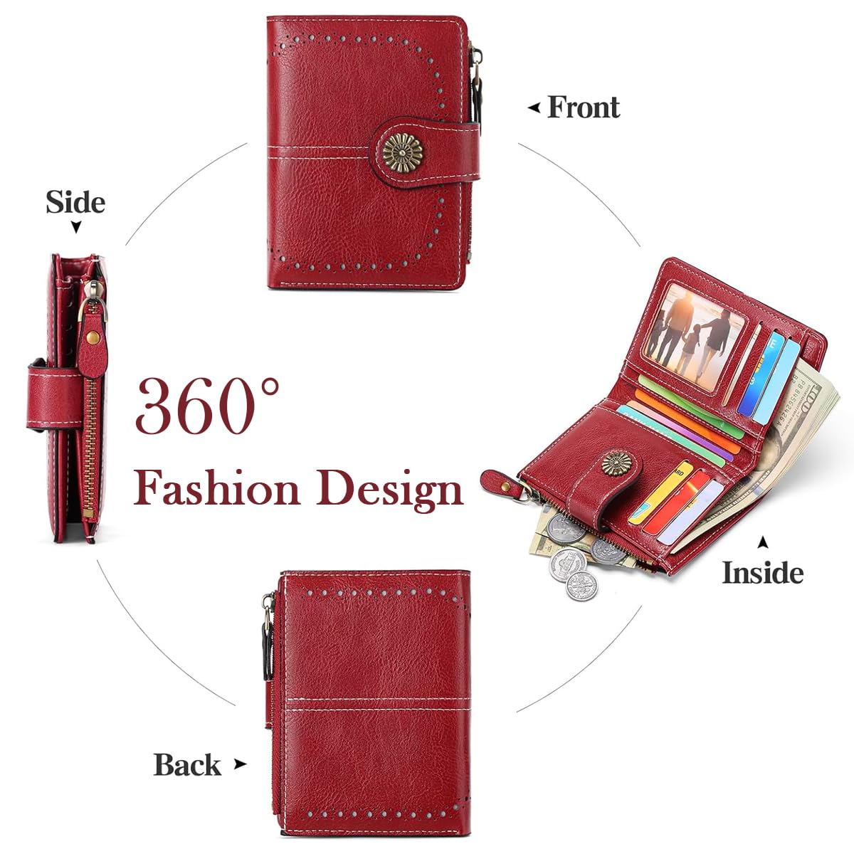 PALAY Small Wallet for Women with 10 Card Slots and Zipper Coin Pocket | PU Leather Red Purse