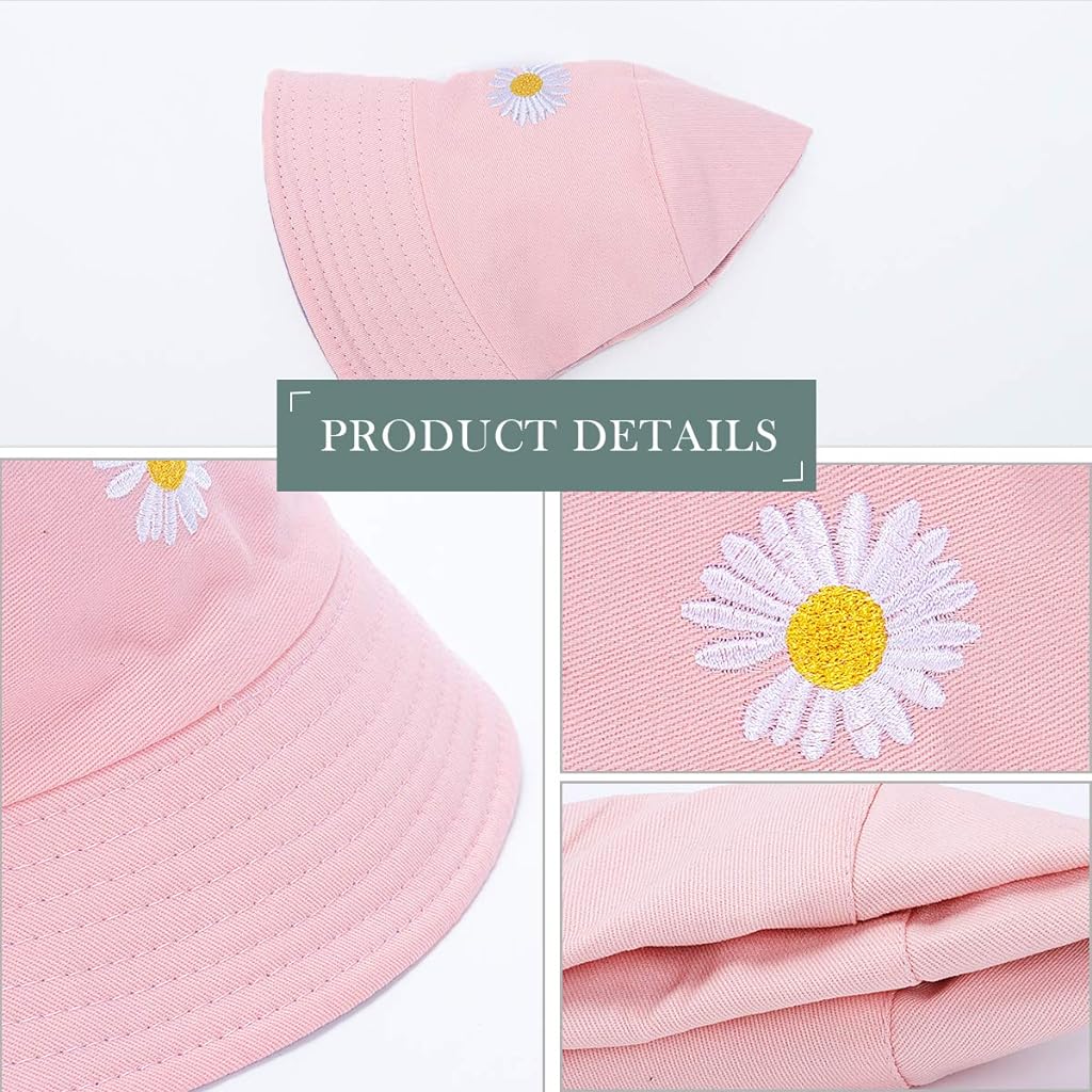 PALAY® Bucket Hat for Girls Foldable Cotton Little Daisy Print Sun Beach Cap Fisherman Hat Casual Outdoor Cap Lovely Bomber Hats for Women Men Boy Girl