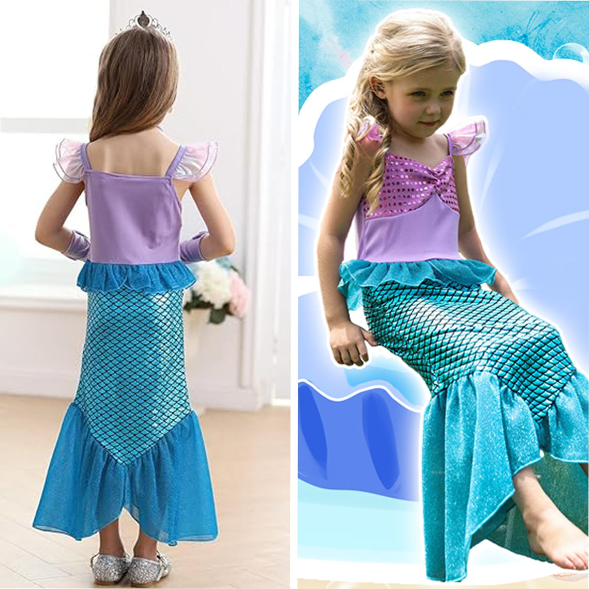 PALAY Mermaid Dress for Girls with Mermaid Tail Design and Matching Bag Gift 5‑6 Years