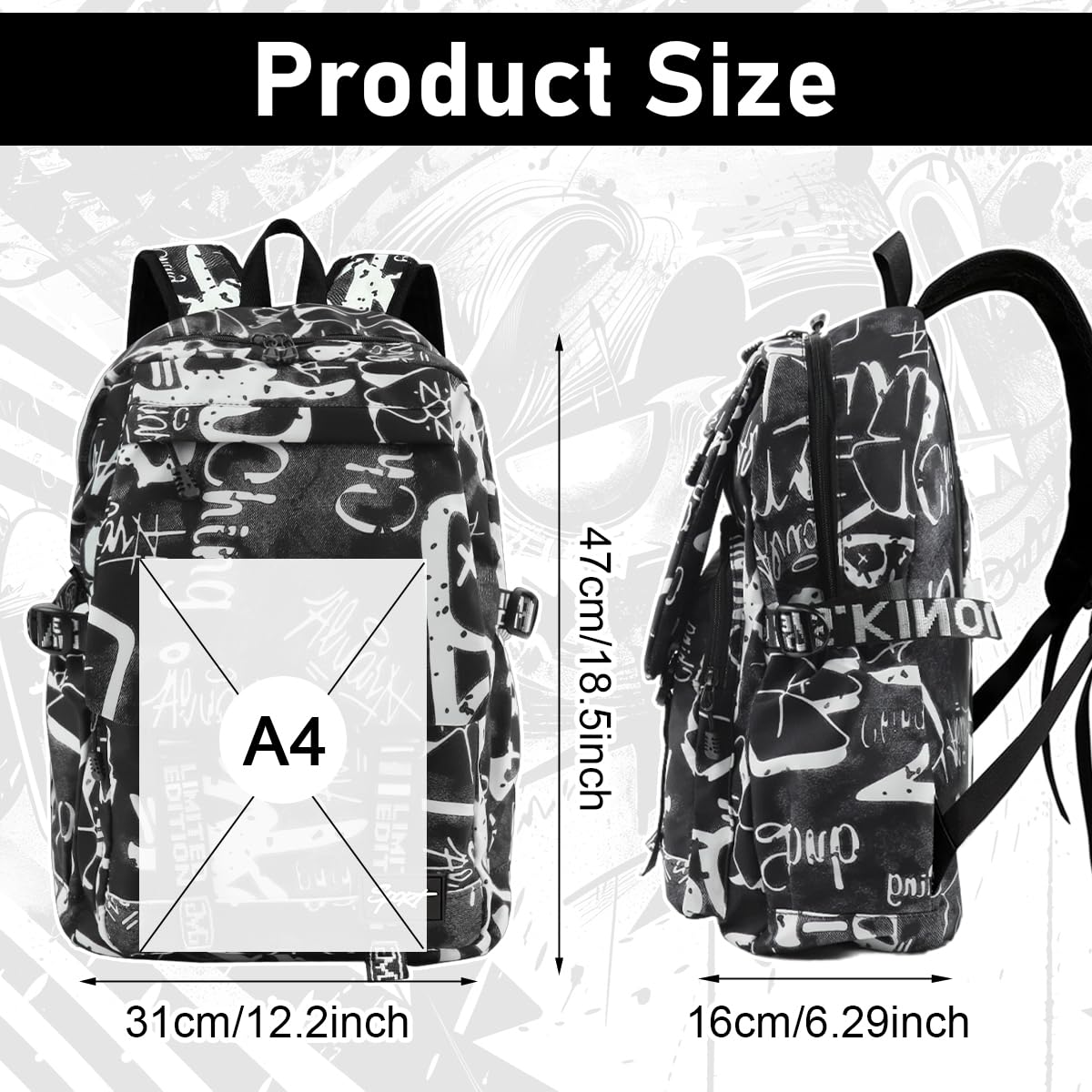 PALAY Travel Backpack for School and Outdoor Trips with Graffiti Print | Black Nylon Laptop Bag