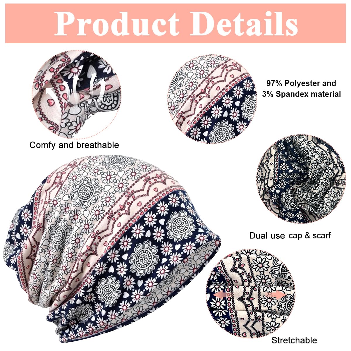 PALAY Hijab Caps for Women featuring Two Openings 27x28cm Stretch Polyester Spandex | Floral Slouchy Beanie for Chemo and Everyday Wear