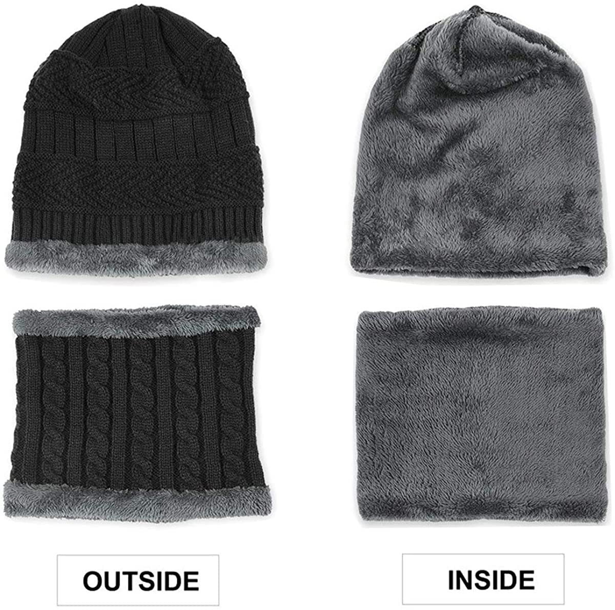 PALAY Knitted Hat and Scarf Set for Winter with Plush Edging and Fleece Lining | Navy Blue
