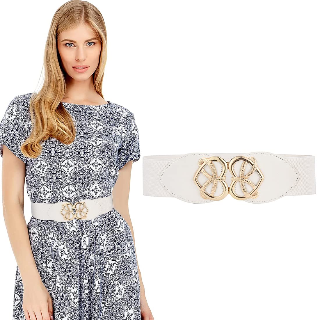 PALAY® Women Retro Wide Elastic Waist Belt for Stylish Dress -White